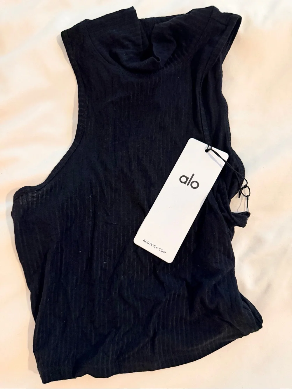 Alo Women High Neck Black Ribbed Tank Top